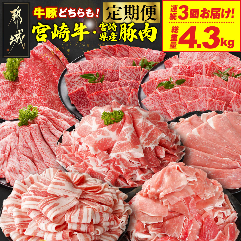 ≪3回連続お届け≫とにかくお肉大好き!宮崎牛と宮崎県産豚定期便M(総重量4.3kg)_T48