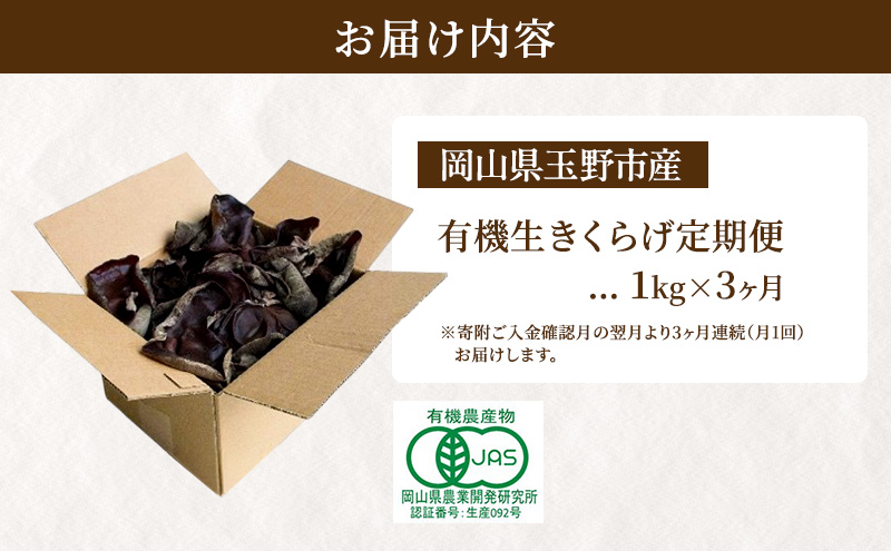 【 産地直送 】 有機JAS 生きくらげ 定期便 1kg×3ヶ月 オーガニック きくらげ きのこ 野菜 岡山県 玉野市 栽培期間中化学肥料不使用 栽培期間中農薬不使用 野菜セット 
