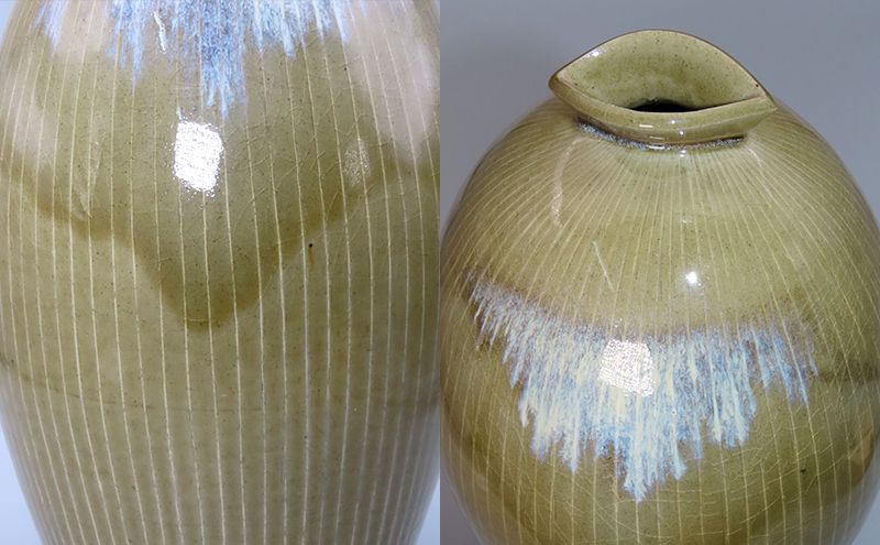 【高島屋選定品】虫明焼窯元 灰釉線文花器（黒井千左作）