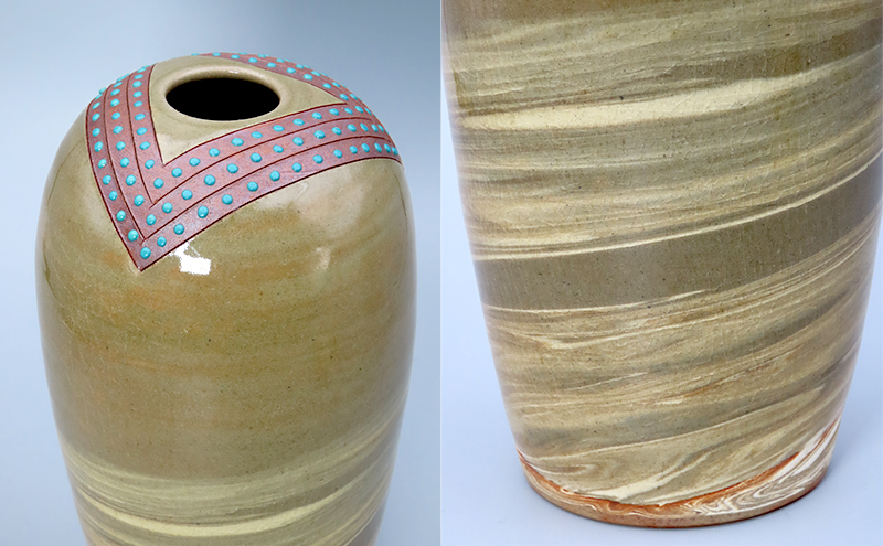 【高島屋選定品】虫明焼窯元 灰釉練込青点文花入（黒井博史作）