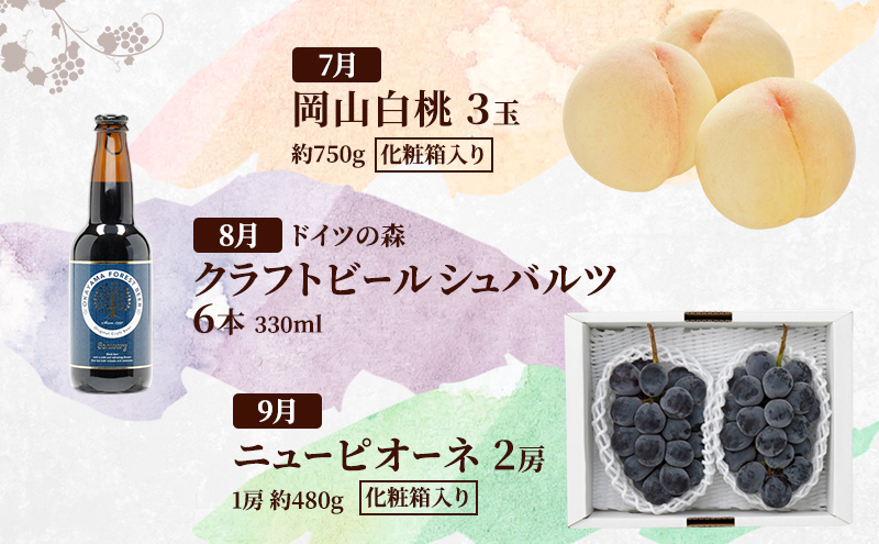 定期便 2026年 先行予約 是里ワイナリーの人気商品と岡山の人気果物 堪能 12回コース ドイツの森 ワイン ソーセージ ビール 桃 梨 赤磐市