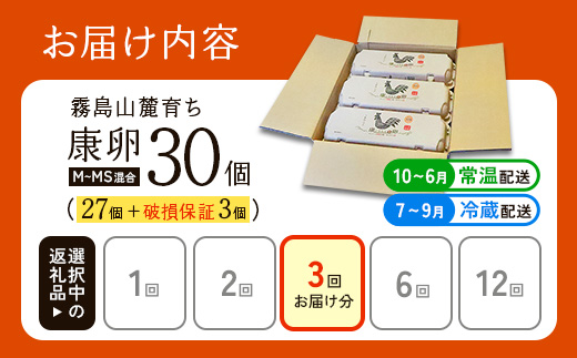 卵【3回定期便】 霧島山麓育ち こだわり卵 康卵 計 30個（27個 + 割れ保証 3個）3回 計 90個（81個 + 割れ保証 9個）たまご 玉子 卵焼き 玉子焼き たまご焼き 生卵 鶏卵 たまごかけごはん 国産 九州産 宮崎県産 送料無料