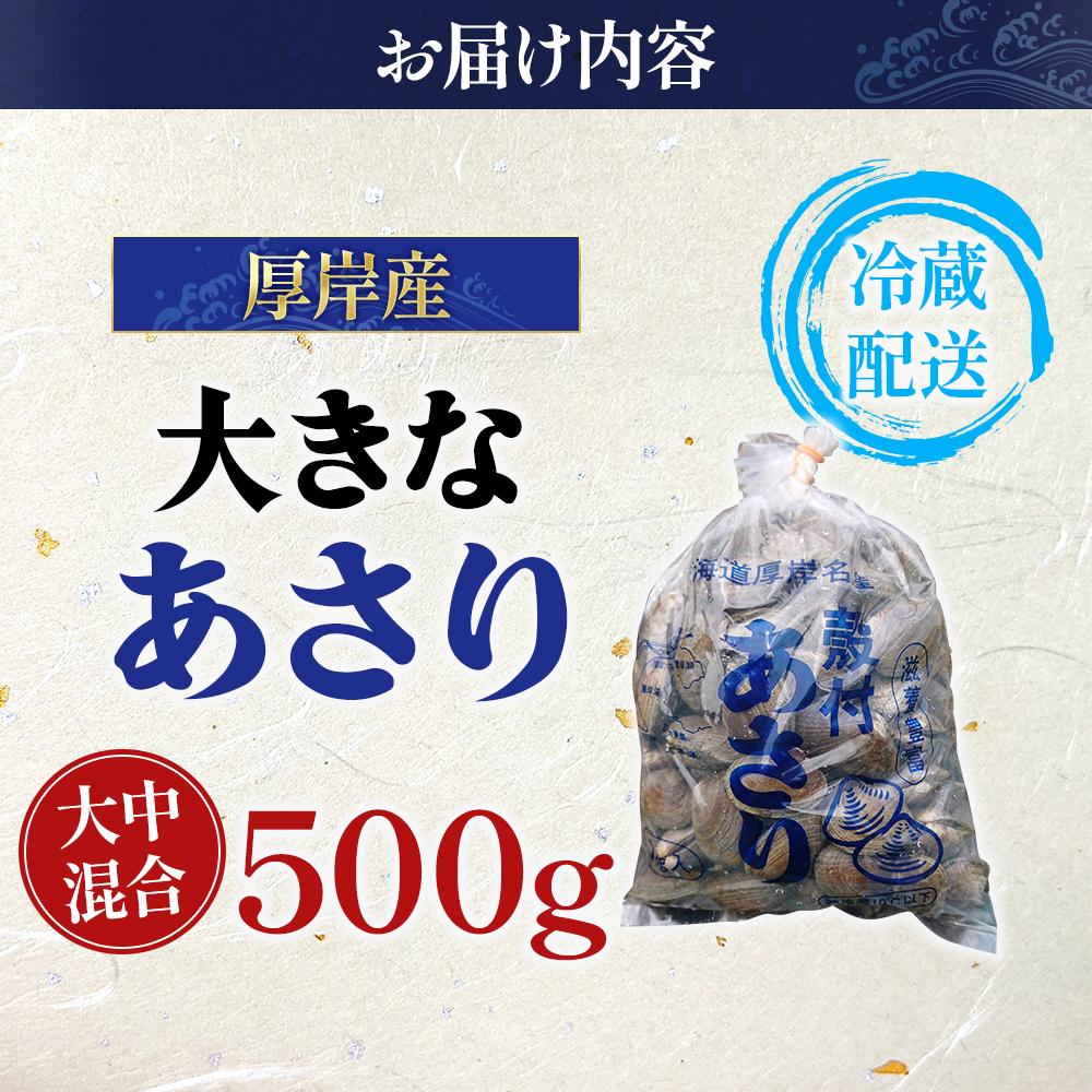 北海道 厚岸産 あさり 500g×1パック (合計500g) 大中混合 アサリ 魚貝 海 美味しい 栄養 旨み 砂出し 水洗い 冷蔵 冷凍保存可能 便利