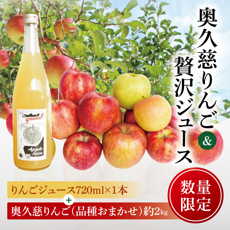 【数量限定】【三村観光りんご園】【10月より順次発送予定】樹上完熟！奥久慈りんご＆贅沢ジュース（品種おまかせ約2kg＆720ml×1本）｜茨城県 大子町 林檎 旬 果物 フルーツ 果実 果汁 飲料 セット 詰合せ ギフト 贈答(BX008)