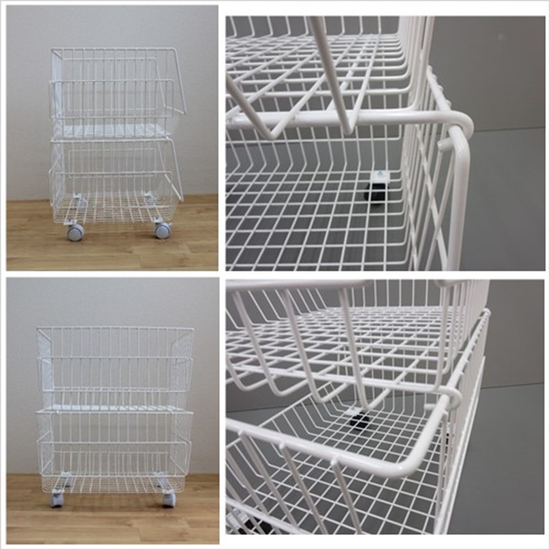 2段バスケット 茶 バスケットワゴン クローゼット 収納 押し入れ収納 棚 スタッキング バスケット ラック 業務用 押入れ ランドリー 玄関 かご 野菜 ガレージ パントリー 棚 食品 ストッカー キッチン トローリー キャスター