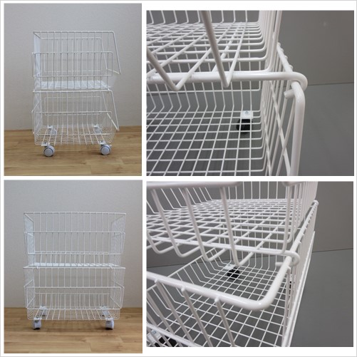 2段バスケット 白 バスケットワゴン クローゼット 収納 押し入れ収納 棚 スタッキング バスケット ラック 業務用 押入れ ランドリー 玄関 かご 野菜 ガレージ パントリー 棚 食品 ストッカー キッチン トローリー キャスター