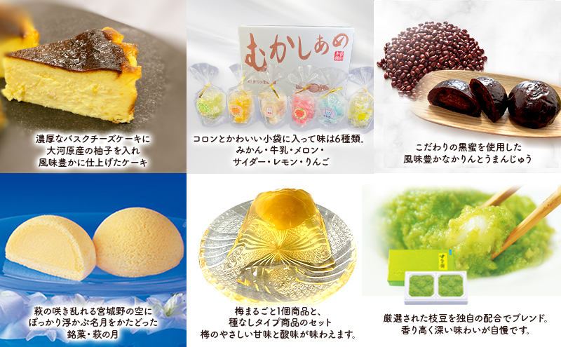 【6ヵ月定期便】全6回 大河原町 自慢 オススメ スイーツセット 定期便 バスクチーズケーキ 飴 かりんとう まんじゅう 萩の月 梅 うめ ずんだ餅 スイーツ お菓子 おやつ  おかし 銘菓 ご褒美 ギフト プレゼント 贈り物 