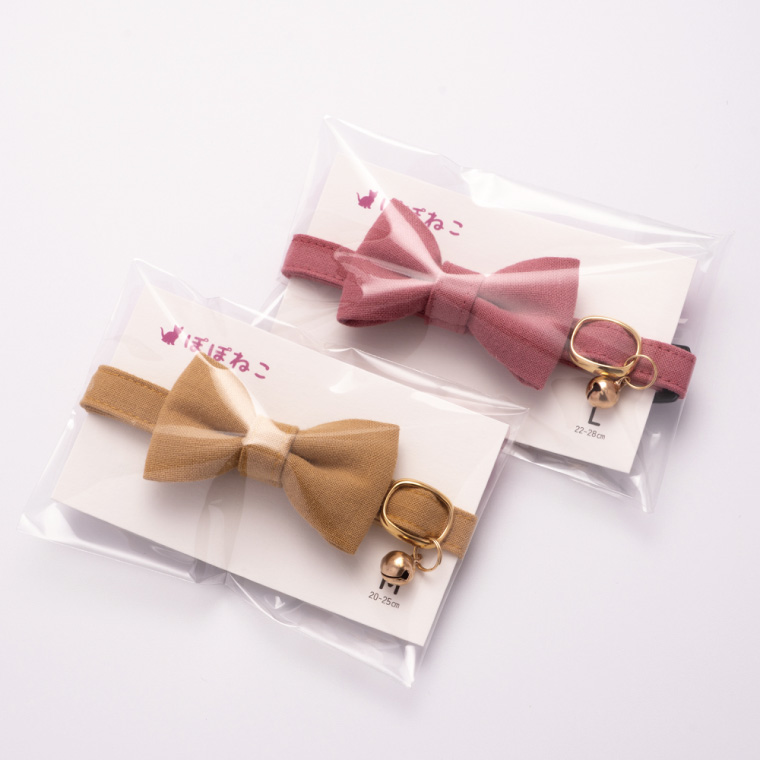 ぽぽねこ リボン付き猫首輪 MUJIコットンプレーン セイフティバックル・鈴付き・ハゲにくい（BP008）