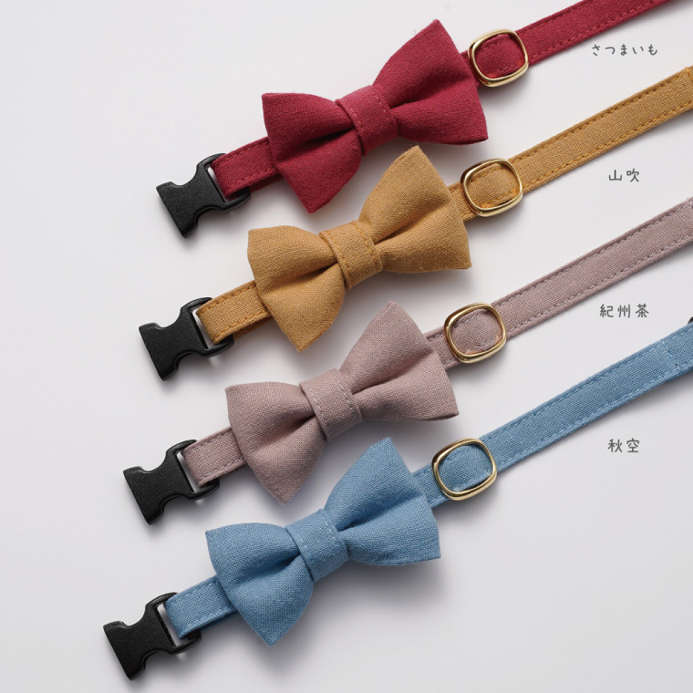 ぽぽねこ リボン付き猫首輪 MUJIコットンプレーン セイフティバックル・鈴付き・ハゲにくい（BP008）
