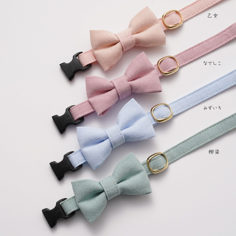 ぽぽねこ リボン付き猫首輪 MUJIコットンプレーン セイフティバックル・鈴付き・ハゲにくい（BP008）