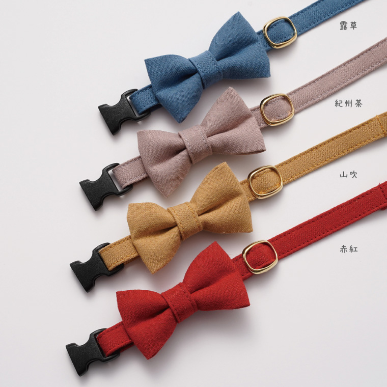 ぽぽねこ リボン付き猫首輪 MUJIコットンプレーン セイフティバックル・鈴付き・ハゲにくい（BP008）