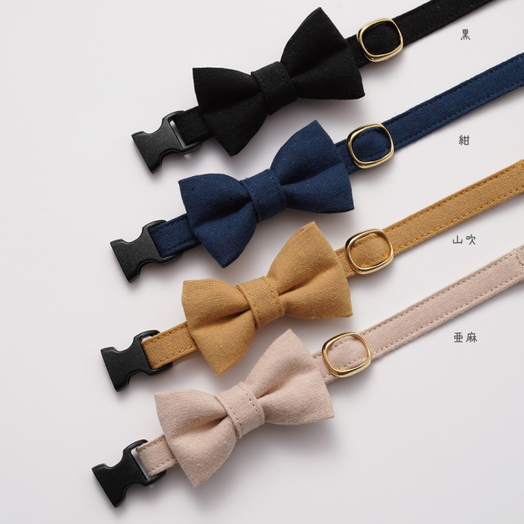 ぽぽねこ リボン付き猫首輪 MUJIコットンプレーン セイフティバックル・鈴付き・ハゲにくい（BP008）