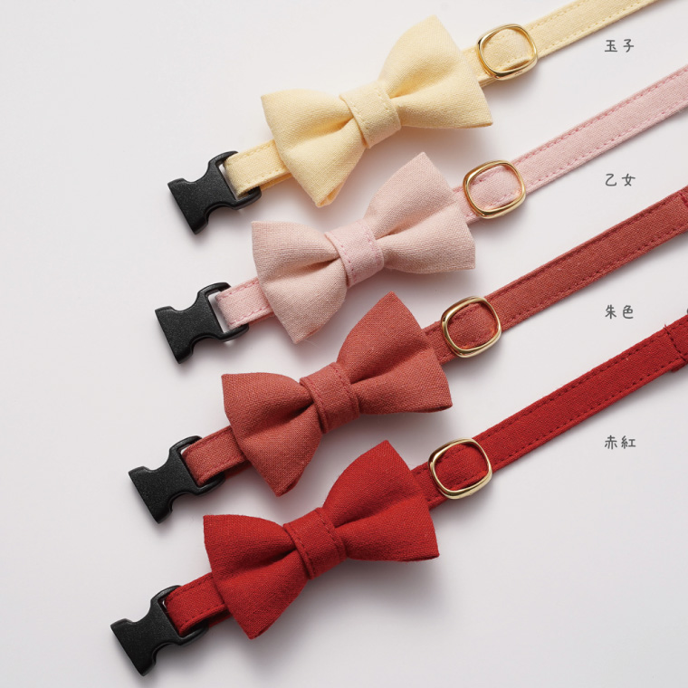 ぽぽねこ リボン付き猫首輪 MUJIコットンプレーン セイフティバックル・鈴付き・ハゲにくい（BP008）