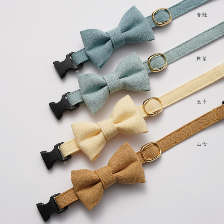 ぽぽねこ リボン付き猫首輪 MUJIコットンプレーン セイフティバックル・鈴付き・ハゲにくい（BP008）