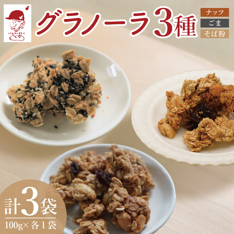 グラノーラ３種【ナッツ・ごま・そば粉】100g×各１袋 計3袋セット｜ミチルベーカリー 茨城県 大子町 手作り お菓子 おやつ グラノラ 食べ比べ 小分け ジッパー付き プレゼント ギフト 贈答（CF004）