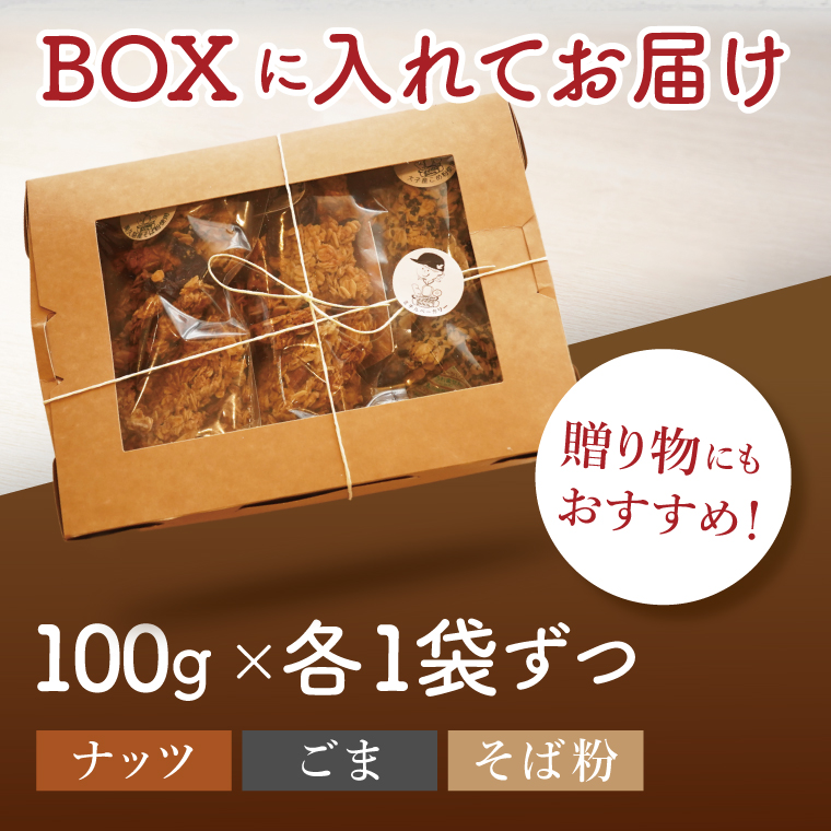 グラノーラ３種【ナッツ・ごま・そば粉】100g×各１袋 計3袋セット｜ミチルベーカリー 茨城県 大子町 手作り お菓子 おやつ グラノラ 食べ比べ 小分け ジッパー付き プレゼント ギフト 贈答（CF004）