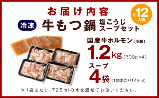 大阪府泉佐野市のふるさと納税 【アキラ商店】牛もつ鍋 スープセット 12人前【国産 牛肉 ホルモン 塩こうじ モツ 鍋 高評価 冷凍 鍋セット 簡単調理】 099H3151