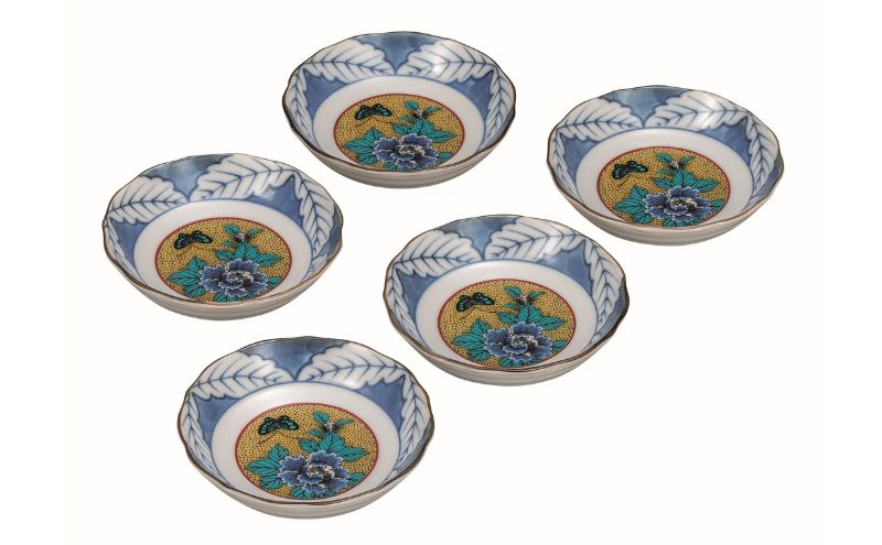 九谷焼 3.2号皿揃・吉田屋牡丹(5枚組)