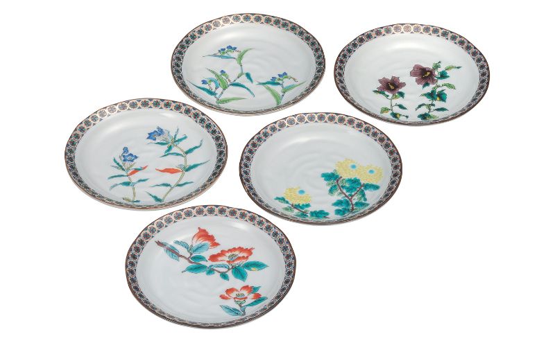 九谷焼 6号皿揃・金襴小紋五草花(5枚組)