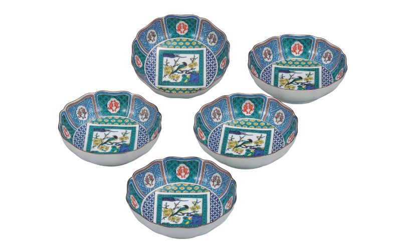 九谷焼 5.2号小鉢揃・古九谷梅に鳥(5枚組)