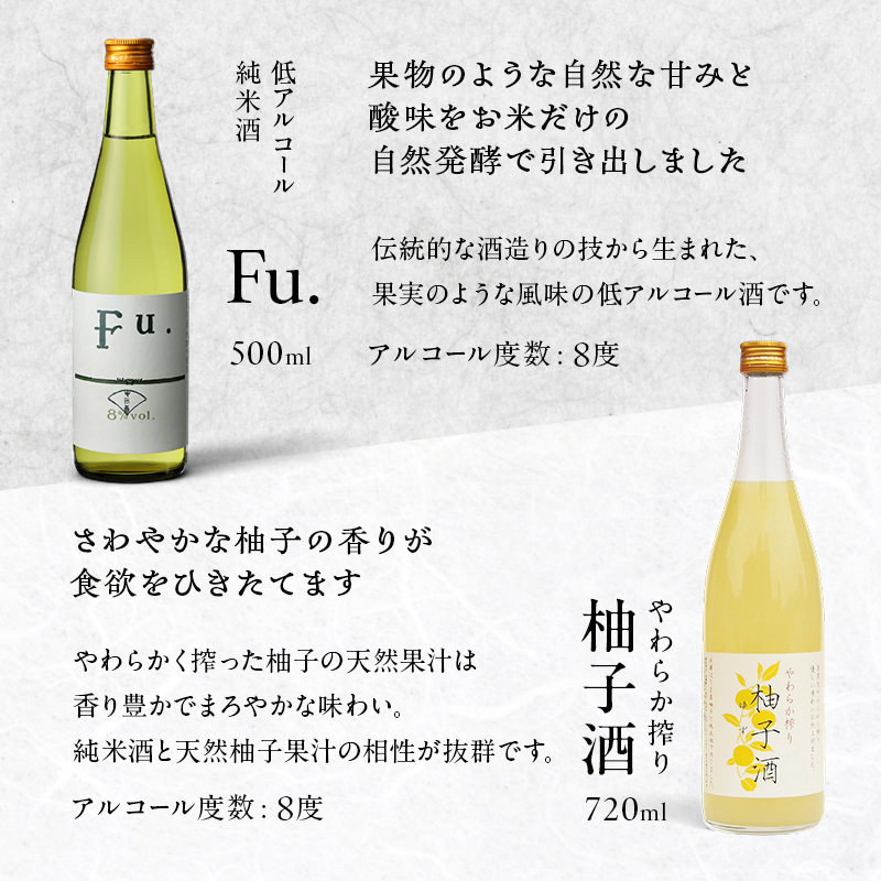 純米酒 低 アルコール 酒 飲み比べ セット Fu. + 柚子酒 詰め合わせ 富久錦 日本酒 純米 果実酒 リキュール 洋酒 清酒 山田錦 お酒 アルコール 柚子 ゆず酒 兵庫 兵庫県