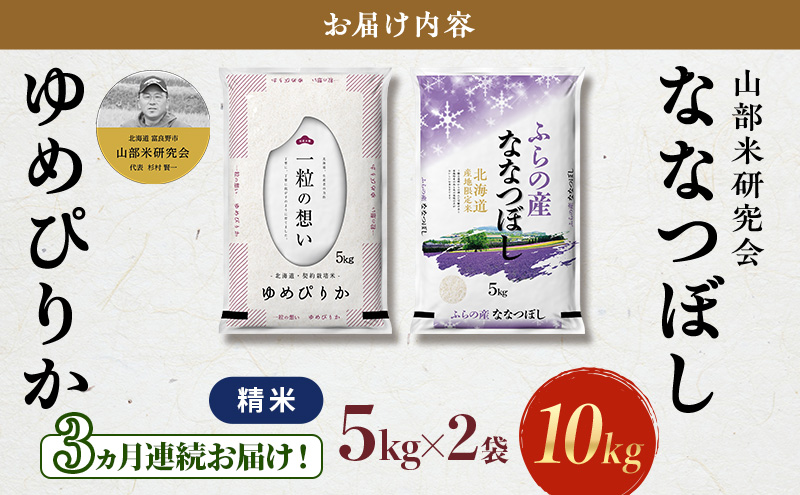 【令和7年度産】◆3ヵ月定期便◆ 富良野 山部米研究会【 ゆめぴりか＆ななつぼし 】精米 計10kgお米 米 ご飯 ごはん 白米 令和7年 令和7年産 定期便 定期 送料無料 北海道 富良野市 道産 直送 ふらの