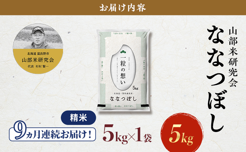 【令和7年度産】◆9ヵ月定期便◆ 富良野 山部米研究会【 ななつぼし 】精米 (5kg) 定期便 令和7年 新米 新米予約 お米 米 ご飯 ごはん 白米 定期 送料無料 北海道 富良野市 道産 直送 ふらの