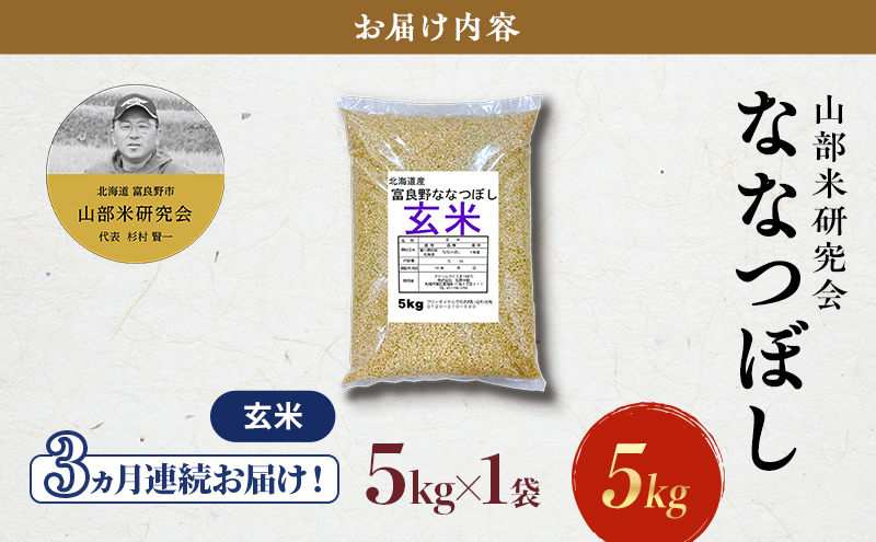 【令和7年度産】◆3ヵ月定期便◆ 富良野 山部米研究会【 ななつぼし 】玄米 5kgお米 米 ご飯 ごはん 白米 令和7年 令和7年産 新米 新米予約 定期便 定期 送料無料 北海道 富良野市 道産 直送 ふらの
