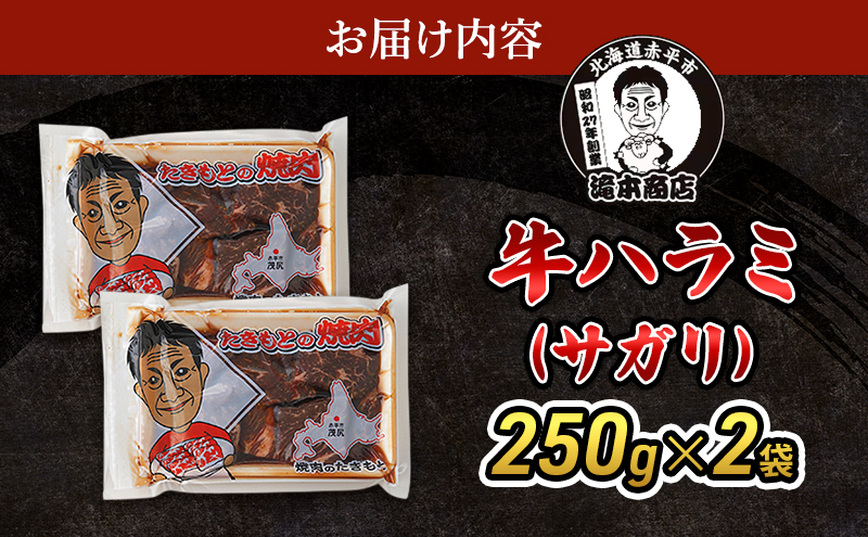 たきもとの牛ハラミ（サガリ）250g×2袋　焼肉 バーベキュー BBQ 牛 牛肉 ハラミ サガリ 冷凍 アウトドア タレ 味付け 北海道 ふるさと納税