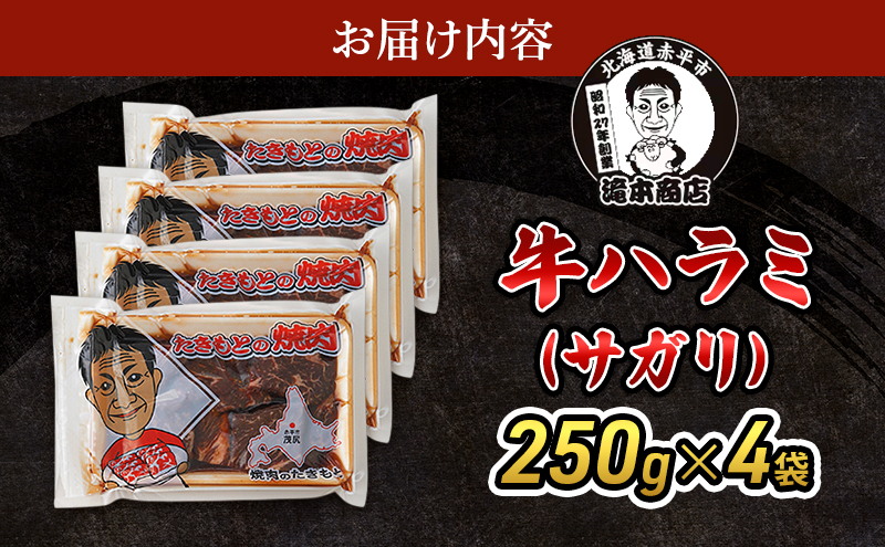 たきもとの牛ハラミ（サガリ）250g×4袋　焼肉 バーベキュー BBQ 牛 牛肉  ハラミ サガリ 冷凍 アウトドア タレ 味付け 北海道 ふるさと納税