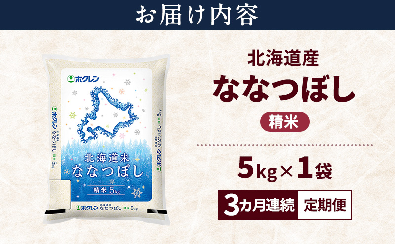 【3ヵ月連続定期便】北海道産 ななつぼし 精米 5kg 米 特A 獲得 白米 ごはん 定期便 定期配送 3ヵ月 道産米 ブランド米 5キロ お米 ご飯 米 北海道米 JAふらの ホクレン ホクレン米 送料無料 北海道 富良野市
