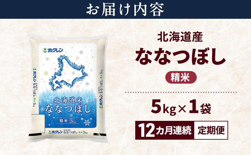 【12ヵ月連続定期便】北海道産 ななつぼし 精米 5kg 米 特A 獲得 白米 ごはん 定期便 定期配送 12ヵ月 道産米 ブランド米 5キロ お米 ご飯 米 北海道米 JAふらの ホクレン ホクレン米 送料無料 北海道 富良野市