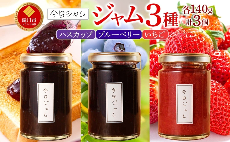【ふるさと納税】ジャム3種セット 各1個 ハスカップジャム ブルーベリージャム いちごジャム  今日ジャム 北海道産 自家製 パン ヨーグルト 朝食 濃厚 甘い デザート スイーツ おやつ グルメ ご褒美 贅沢 ギフト 送料無料 北海道 滝川市