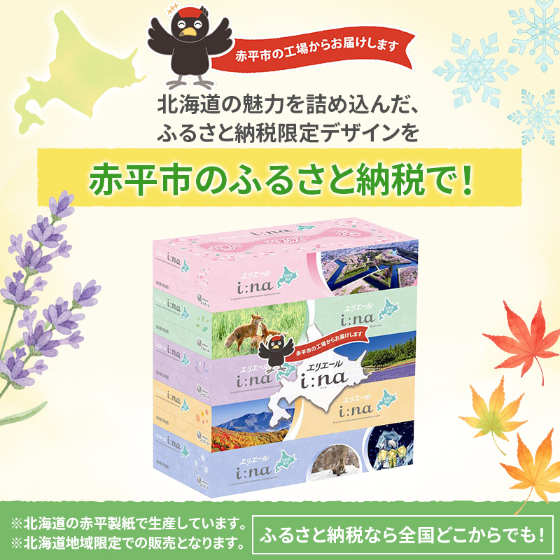 エリエール i:na (イーナ) ティシュー 北海道 150組5箱 12パック フィルムレス ふるさと納税限定デザイン イーナ ボックスティシュー 箱ティッシュ ペーパー 備蓄品 花粉 赤平市