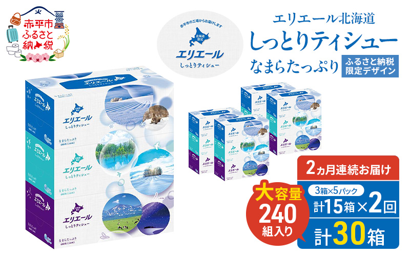 【定期便 2ヵ月連続お届け】 エリエール ハーフサイズ 収納に便利 コンパクト 少量5パック 北海道 しっとりティシュー なまらたっぷり 240組3箱 5パック 計15箱 ボックスティシュー ふるさと納税限定デザイン