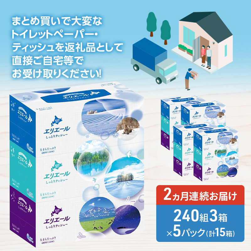 【定期便 2ヵ月連続お届け】 エリエール ハーフサイズ 収納に便利 コンパクト 少量5パック 北海道 しっとりティシュー なまらたっぷり 240組3箱 5パック 計15箱 ボックスティシュー ふるさと納税限定デザイン