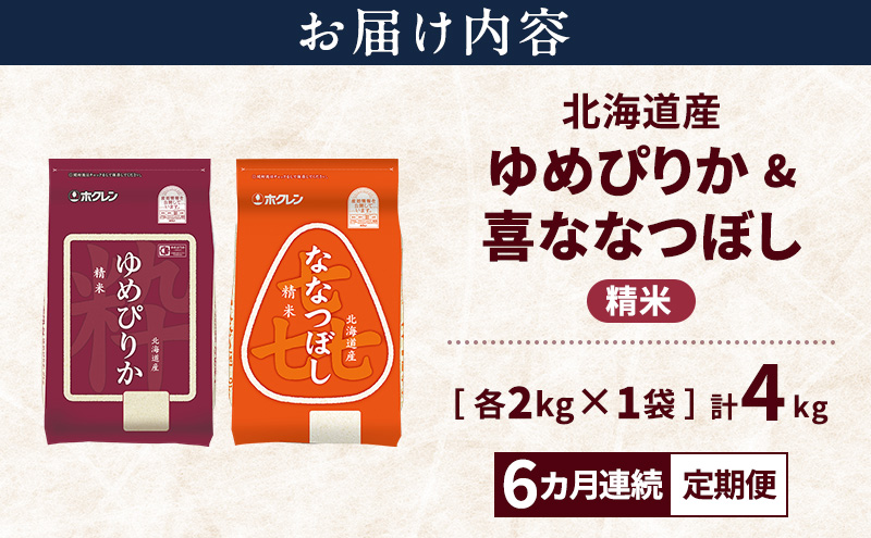【6ヵ月連続定期便】北海道産 ゆめぴりか ななつぼし 食べ比べセット 精米 各2kg 合計4kg 米 特A 獲得 白米 ごはん 定期便 定期配送 6ヵ月 道産米 ブランド米 4キロ お米 ご飯 米 北海道米 JAふらの ホクレン ホクレン米 送料無料 北海道 富良野市