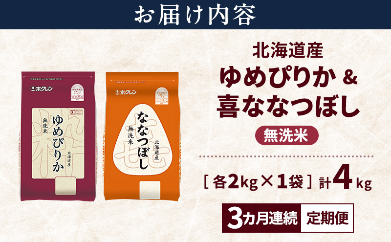 【3ヵ月連続定期便】北海道産 ゆめぴりか ななつぼし 食べ比べセット 無洗米 各2kg 合計4kg 米 特A 獲得 白米 ごはん 定期便 定期配送 3ヵ月 道産米 ブランド米 4キロ お米 ご飯 米 北海道米 JAふらの ホクレン ホクレン米 送料無料 北海道 富良野市