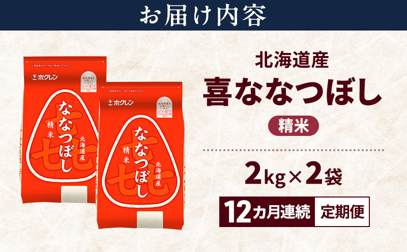 【12ヵ月連続定期便】北海道産 喜 ななつぼし 精米 4kg 米 特A 獲得 白米 ごはん 定期便 定期配送 12ヵ月 道産米 ブランド米 4キロ お米 ご飯 米 北海道米 JAふらの ホクレン ホクレン米 送料無料 北海道 富良野市
