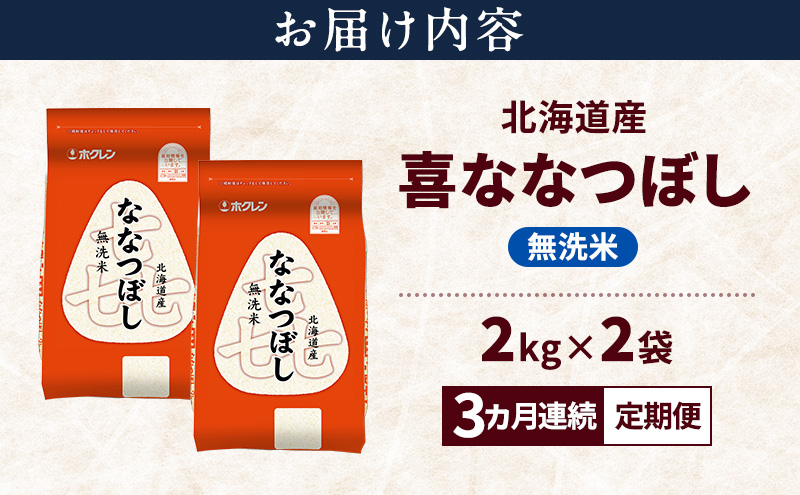 【3ヵ月連続定期便】北海道産 喜 ななつぼし 無洗米 4kg 米 特A 獲得 白米 ごはん 定期便 定期配送 3ヵ月 道産米 ブランド米 4キロ お米 ご飯 米 北海道米 JAふらの ホクレン ホクレン米 送料無料 北海道 富良野市