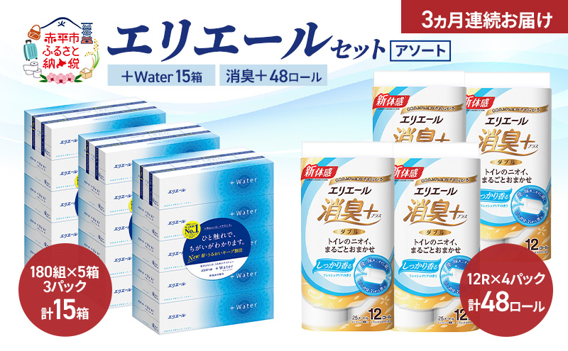 【定期便 3ヵ月連続お届け】エリエール セット ＋Water 15箱 消臭＋ 48ロール〈アソート〉トイレットペーパー ティッシュ トイレ ボックスティッシュ まとめ買い ペーパー 紙 防災 常備品 備蓄品 消耗品 備蓄 日用品