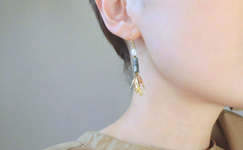 snowbell ピアス アクセサリー 天然石 1個 【パール グリーン イエロー 花 シンプル クール エレガント 可愛い ハンドメイド 手作り  職人 上品 華やか ドレス 結婚式 大人の雰囲気 ギフト プレゼント 母の日 入学式 ラッピング シェル 】