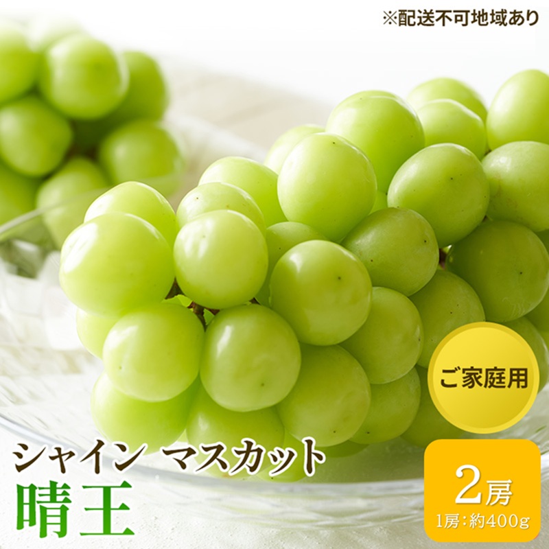 ぶどう 2026年 先行予約 ご家庭用 シャイン マスカット 晴王 約400g×2房 ブドウ 葡萄  岡山県産 国産 フルーツ 果物 太陽 美しい 外観 大粒 高糖度 種なし 皮ごと 弾力 食感 美味しい