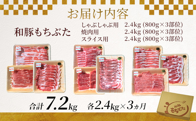 和豚もちぶた 3ヵ月定期便 計7.2kg しゃぶしゃぶ 焼肉 スライス 豚バラ 肩ロース モモ