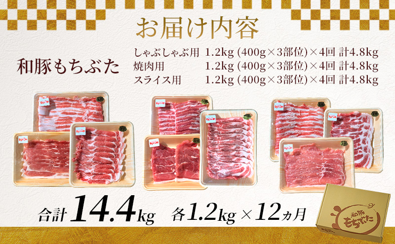 和豚もちぶた 12ヵ月定期便 計14.4kg しゃぶしゃぶ 焼肉 スライス 豚バラ 肩ロース モモ