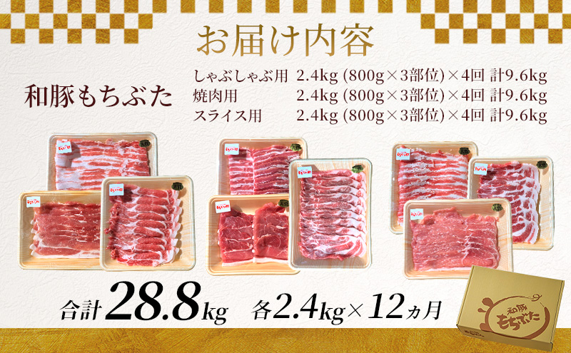 和豚もちぶた 12ヵ月定期便 計28.8kg しゃぶしゃぶ 焼肉 スライス 豚バラ 肩ロース モモ