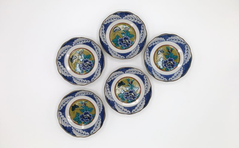 九谷焼 3.2号皿揃・吉田屋牡丹(5枚組)