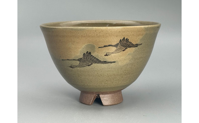 虫明焼 窯変雁の絵茶碗(黒井千左 作) 工芸品 食器 茶碗 お茶碗