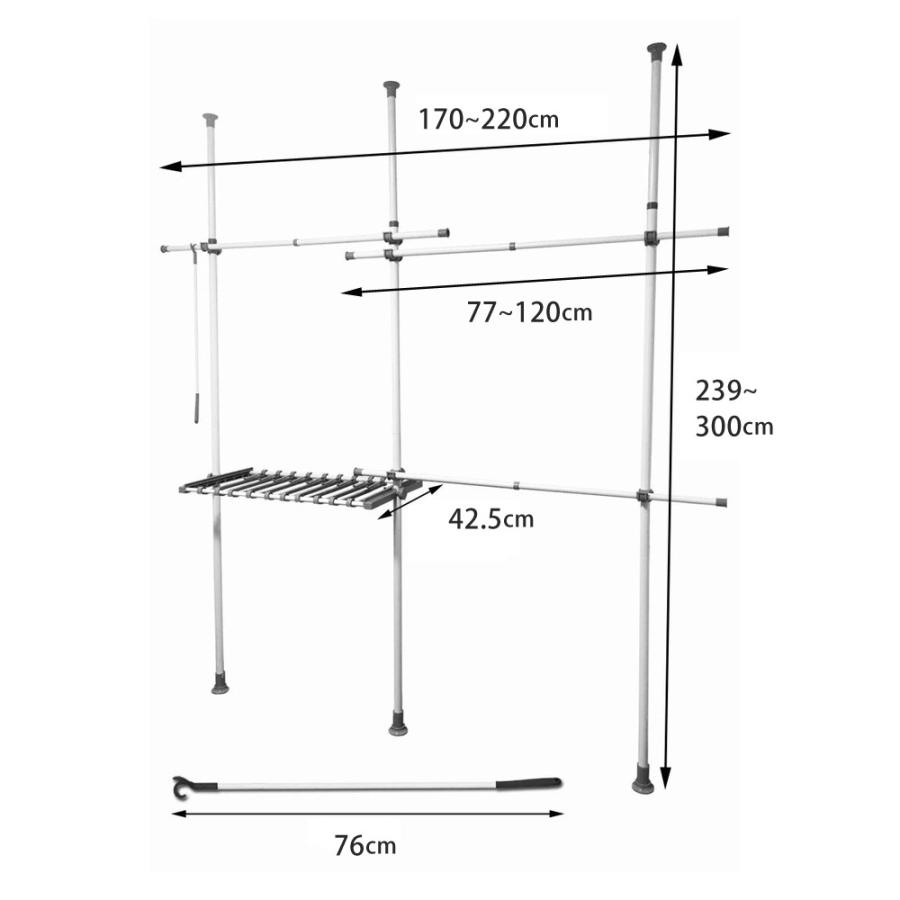突っ張り棒 ハンガーラック 2段 幅170-220cm 伸縮 耐荷重100kg 高さ調節 天井突っ張り式 つっぱり棒 ロング ポールハンガー 強力 服 衣類 収納 部屋干し 室内物干し 物干し竿 洗濯物 一人暮らし 新生活 白 ホワイト SunRuck SR-TH03SL