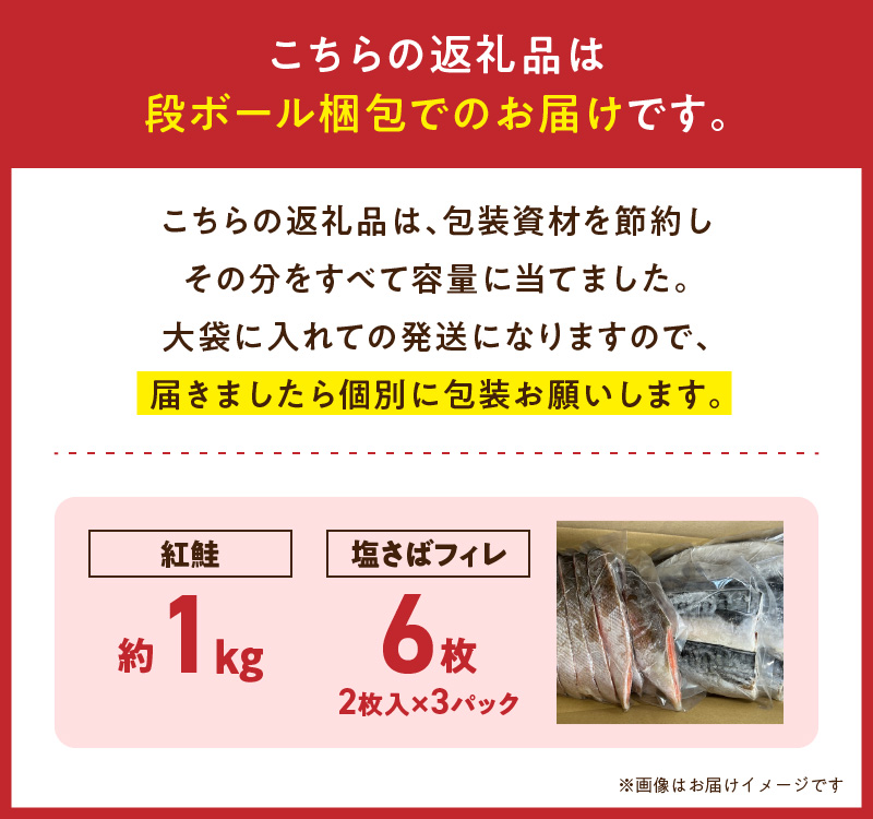 G7319_迷ったらコレ！！魚鶴商店の天然紅サケ 1kg & 塩さば 6枚セット